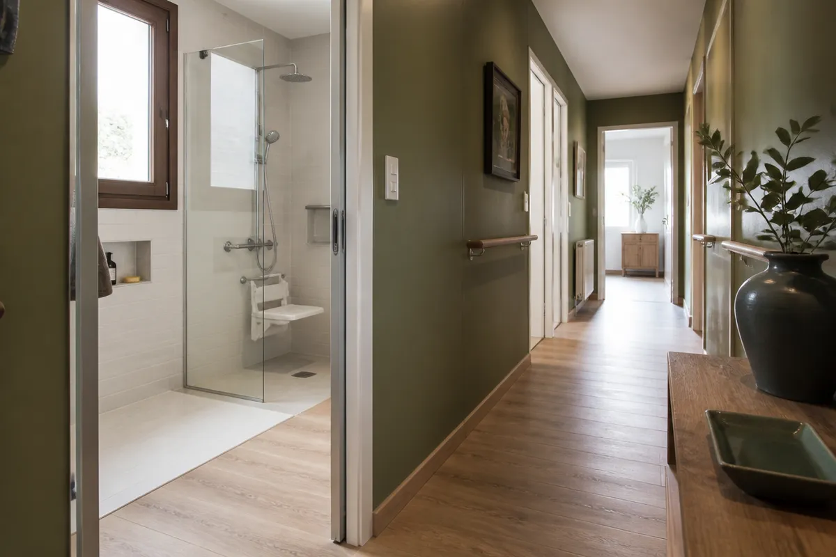 Ducha a ras y pasillo amplio en vivienda reformada con criterio accesible