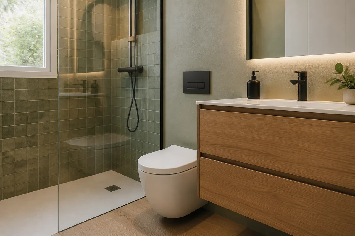 Baño pequeño reformado con ducha a ras y mueble suspendido