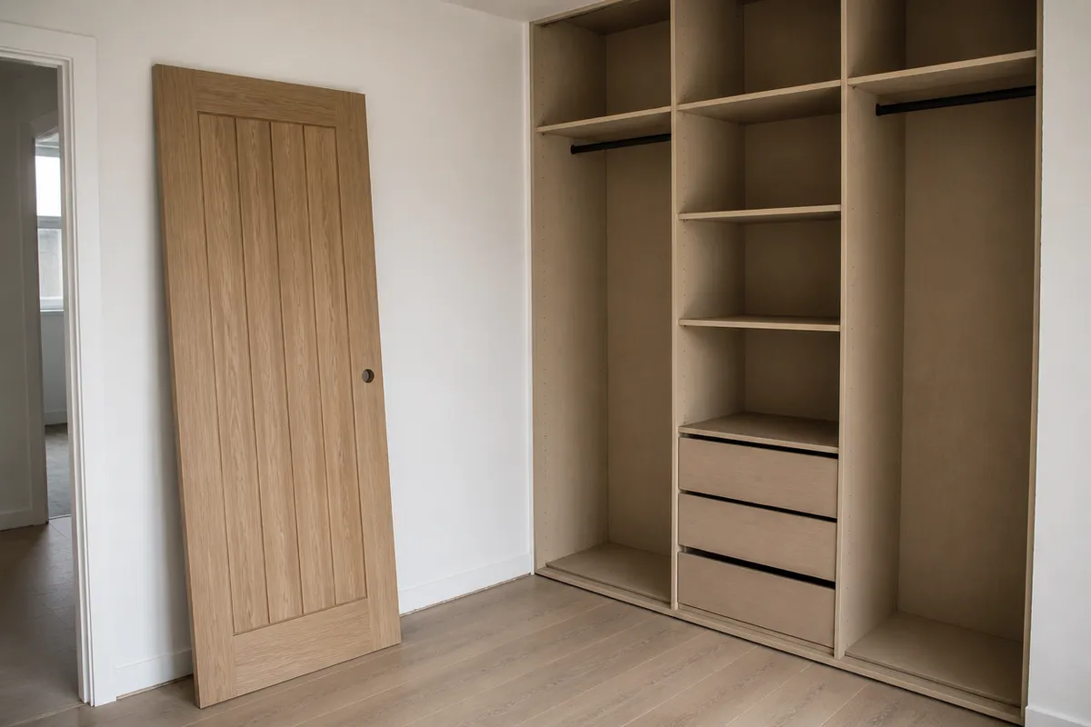 Puertas interiores y frentes de armario alineados en un pasillo reformado
