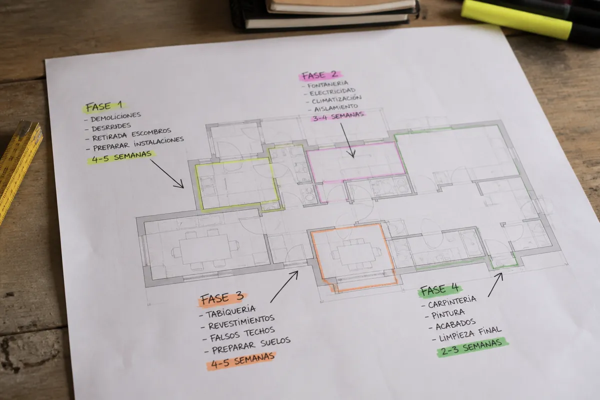 Calendario de obra con fases de reforma marcadas sobre un plano