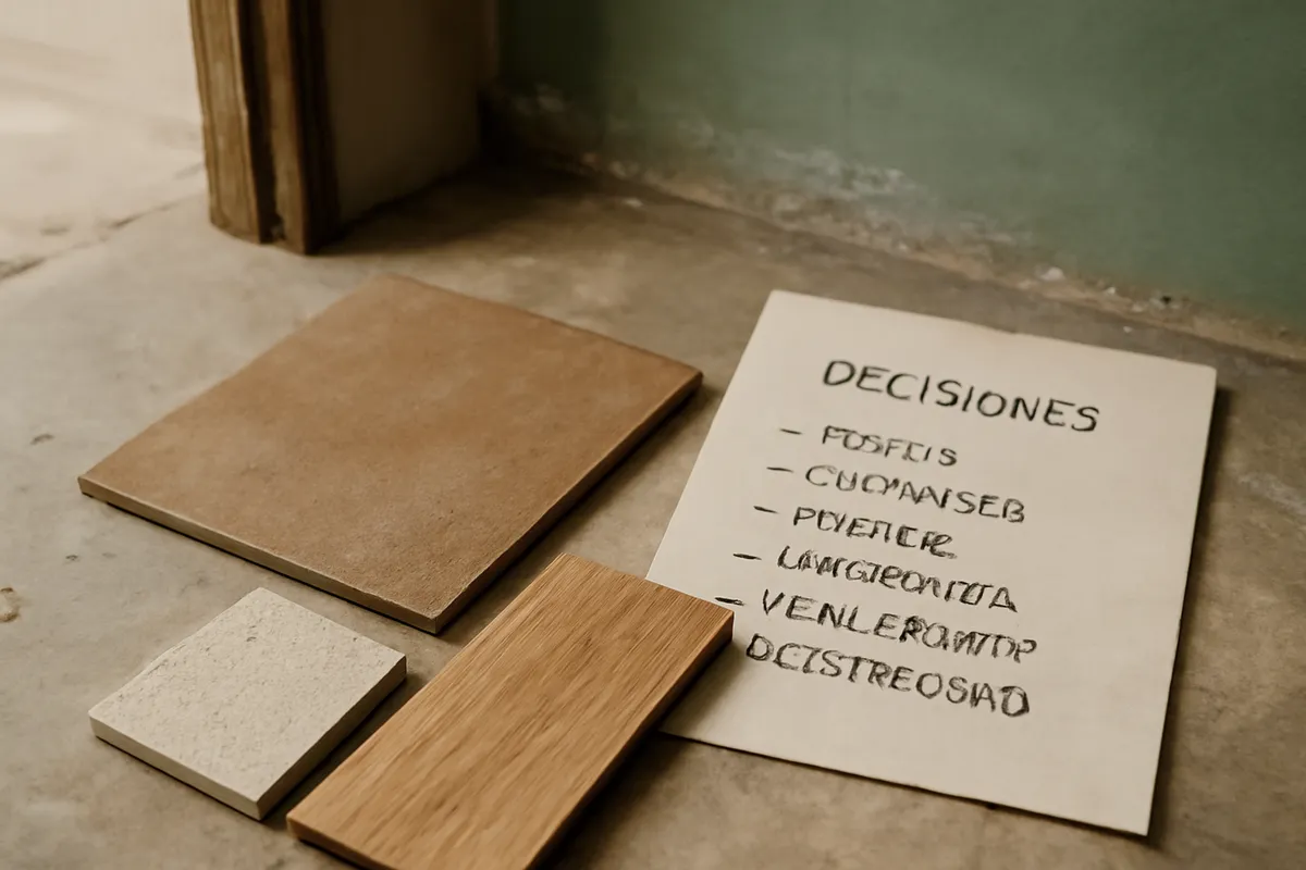 Muestras de suelos y revestimientos junto a un listado de decisiones