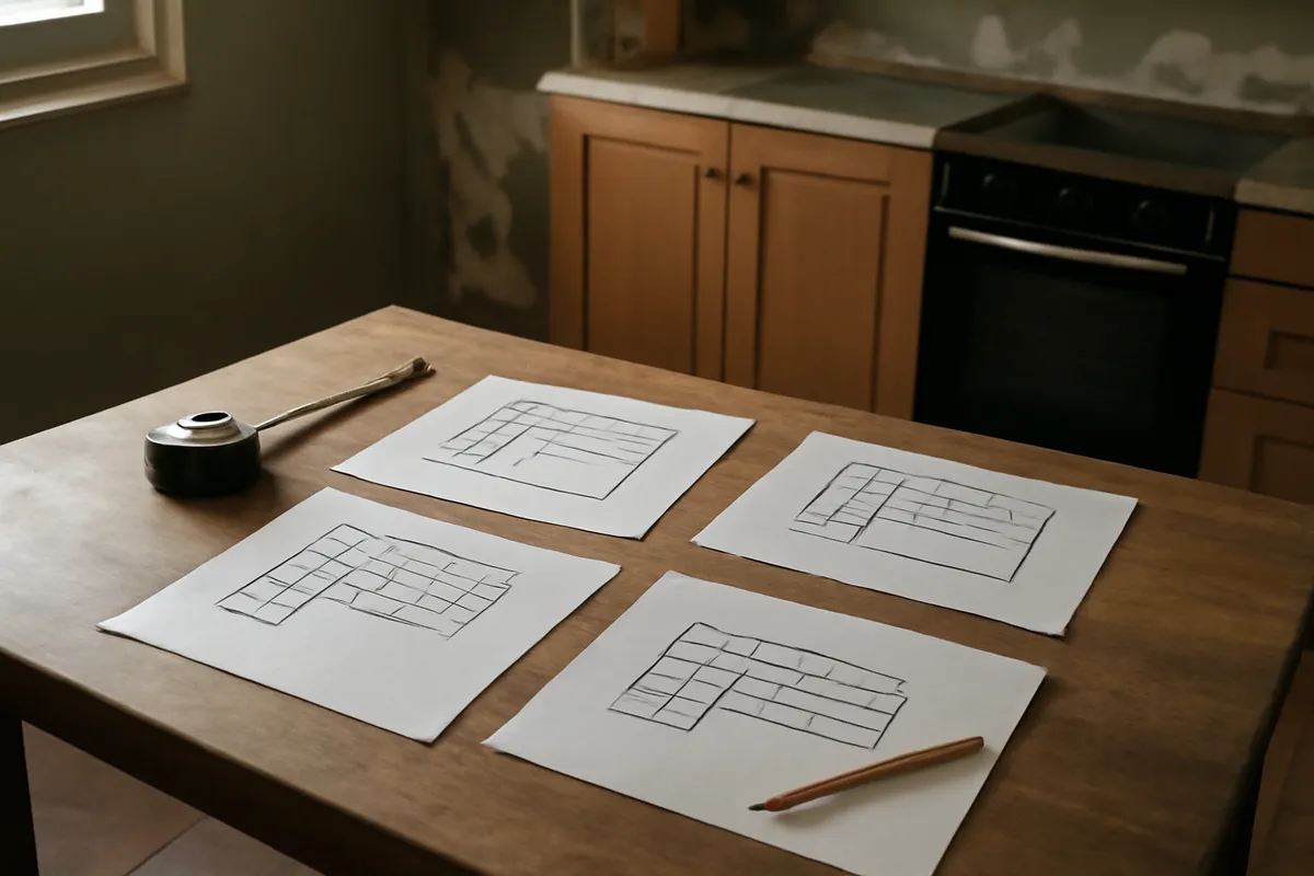 Croquis de cocinas en L, U, lineal e isla sobre mesa de trabajo