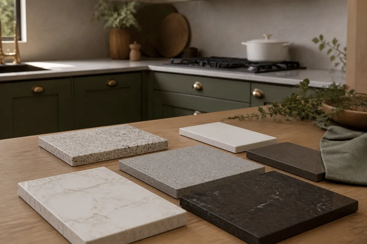 Muestras de encimeras de cocina de distintos materiales sobre una mesa