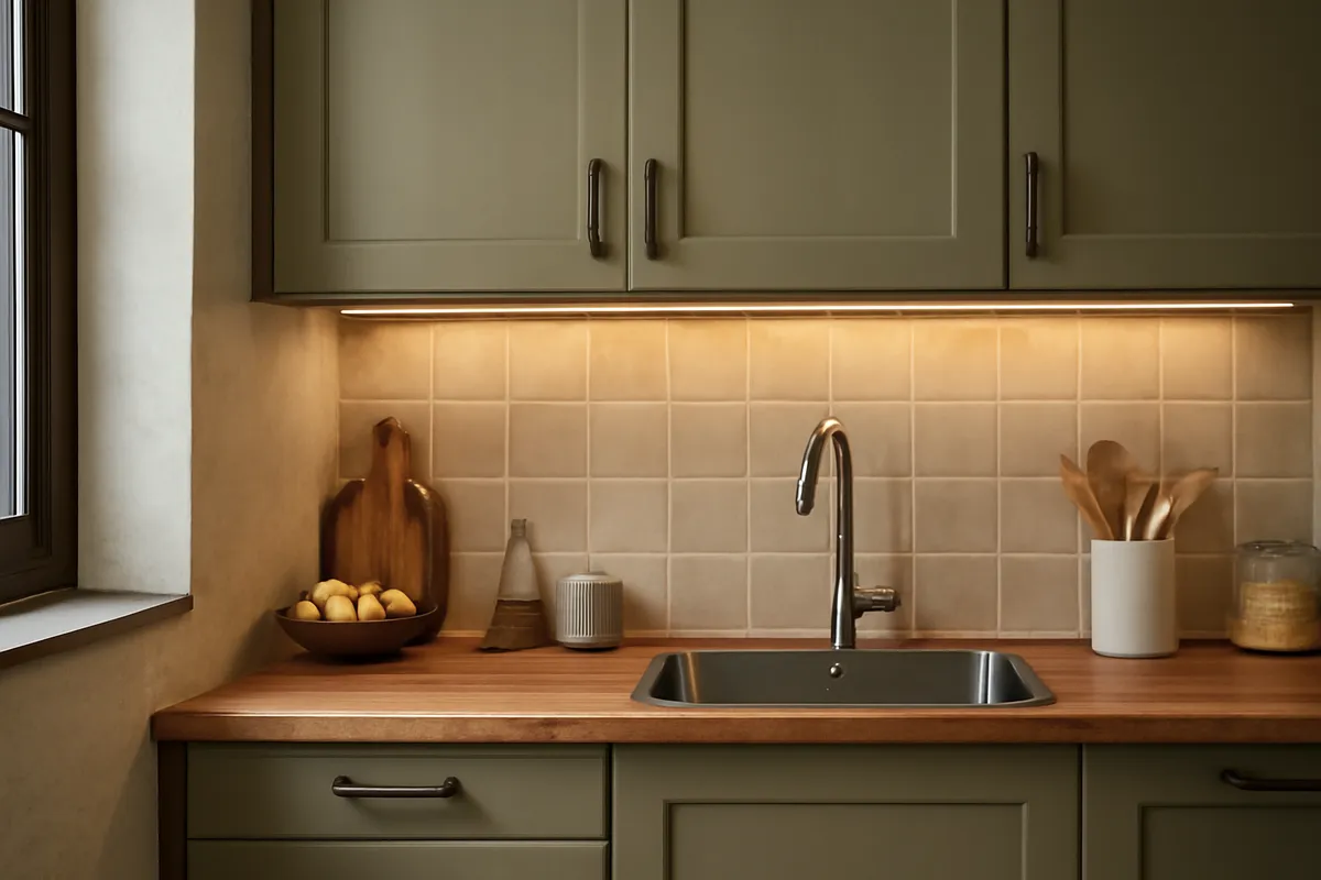 Cocina con iluminación general y luz de trabajo bajo muebles altos