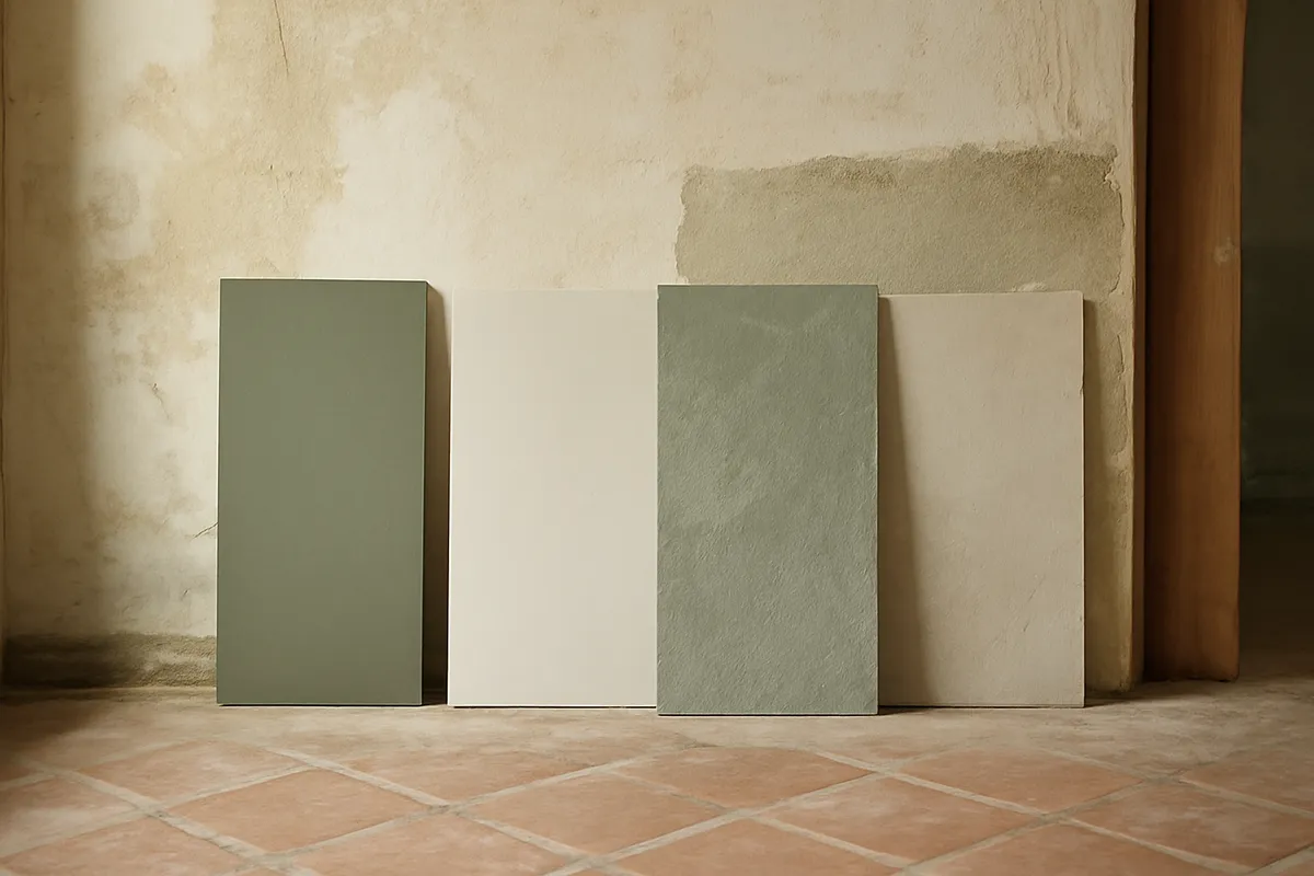 Muestras de pintura y microcemento aplicadas sobre paneles de pared