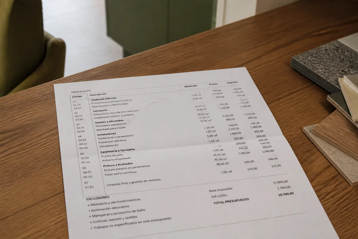 Documento de presupuesto de reforma con partidas y mediciones visibles