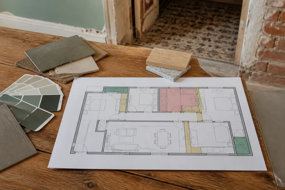 Plano de vivienda con zonas de reforma priorizadas