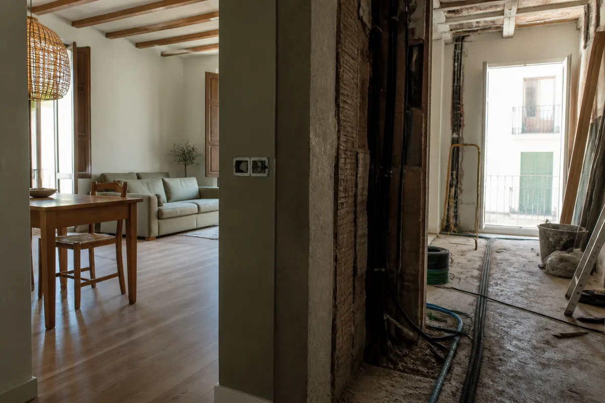 Vivienda con una estancia terminada y otra en obra