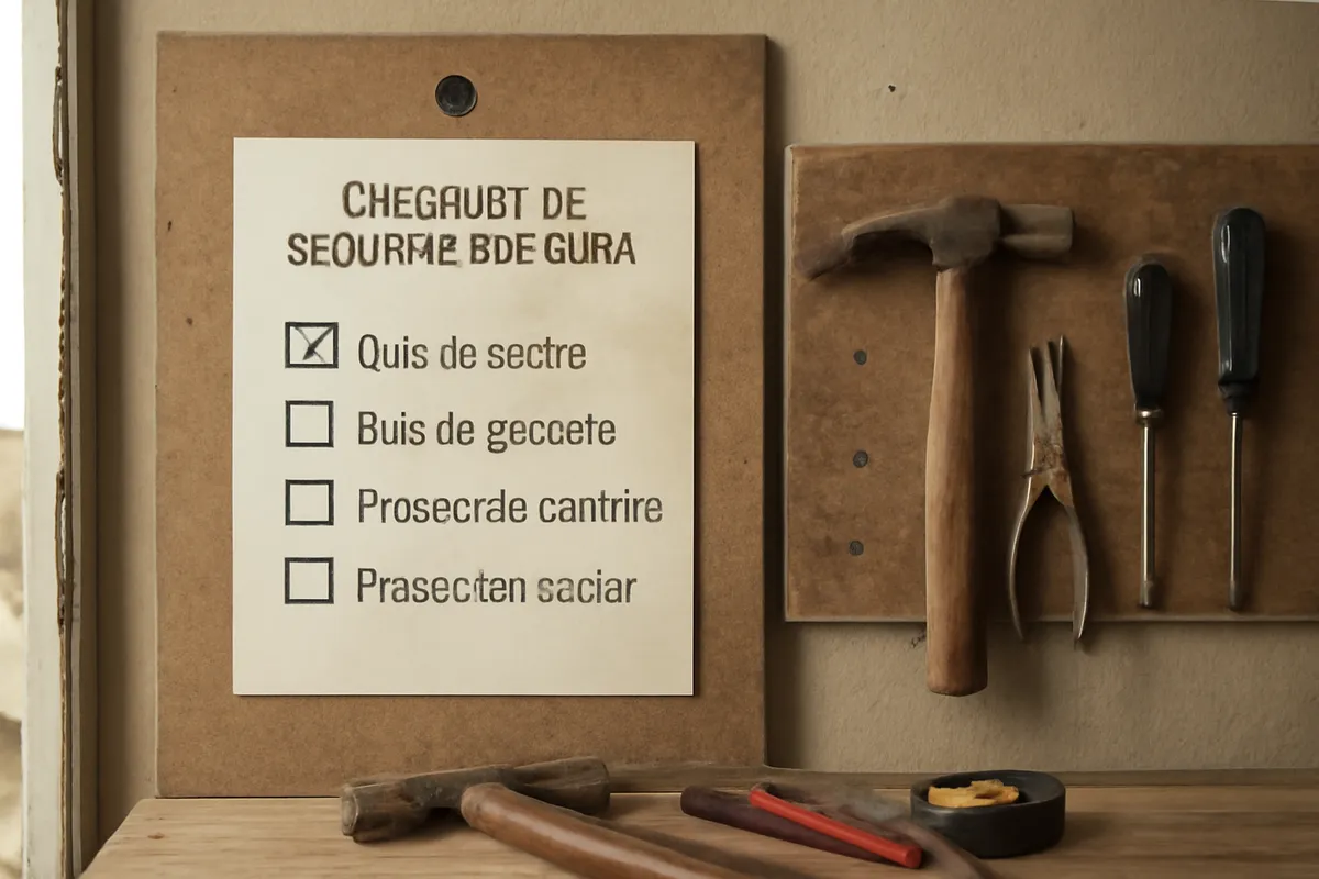 Checklist de seguridad de obra sobre un tablero junto a herramientas ordenadas