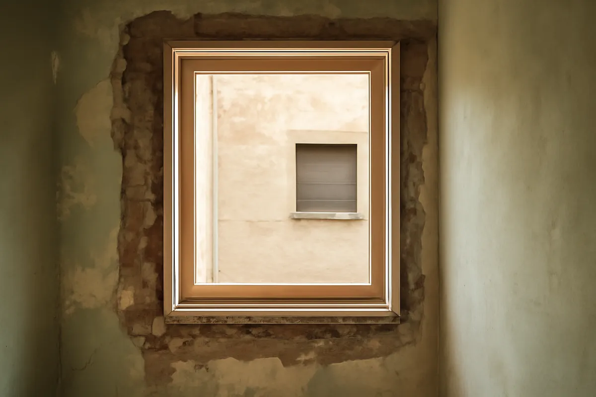 Hueco de ventana en reforma con premarco preparado para nueva carpintería